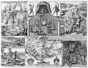 &39;Uma descrição de parte das aventuras de Cap. Smith na Virgínia, ilustração de uma "História Geral da Virgínia, Nova Inglaterra e as Ilhas de Verão", de Smith, gravada por Robert Vaughan (fl.1622-7 de English School